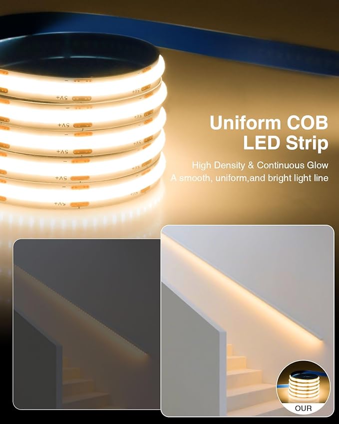 Aclorol COB LED Strip Light 5V USB 6.56FT/2M 640LEDs Dimmable LED TV Backlights Warm White 3000K with 8mm Width Cuttable for Display Cabinet Living Room Entertainment DIY Lighting Decoration (2 Pack)