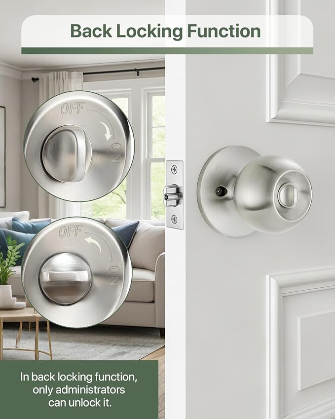 Fingerprint Door Knob, Biometric Door Lock with Auto Lock, Passage Mode, Rechargeable Battery, Thumbprint Entry Door Knob for Bedroom, Office, Apartment & Front Door