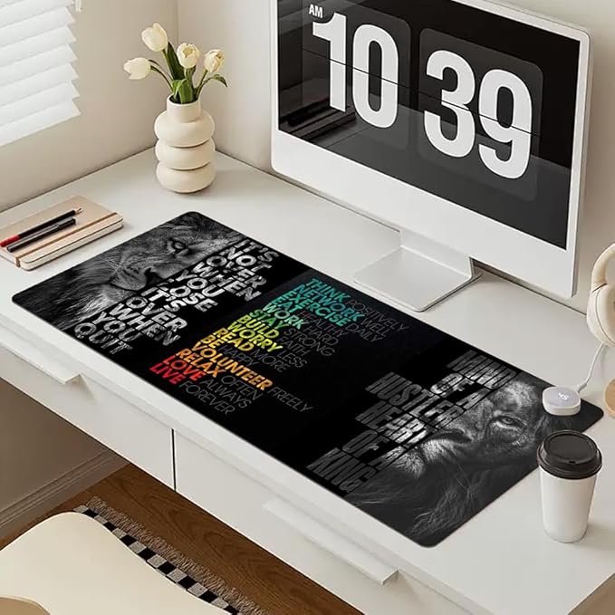 Black Gray Lion Keyboard Mat Positive Saying Mousepad Office Long Mouse Pad It is not Over When You Lose Desk Pad Mouse Mat for Desktop Gamer Guy Boys Mens Office Accessories 31.5"x15.7"