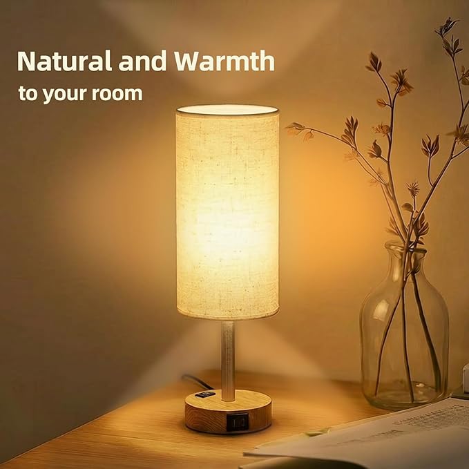 Table Lamp for Nightstand, High-Sensitivity Touch, 3-Level Dimmable Bedside Lamp with AC Outlet | USB | and USB-C, Ideal Night Stand Lamp for Bedroom, Reading, Living Room(Warm&Wooden)