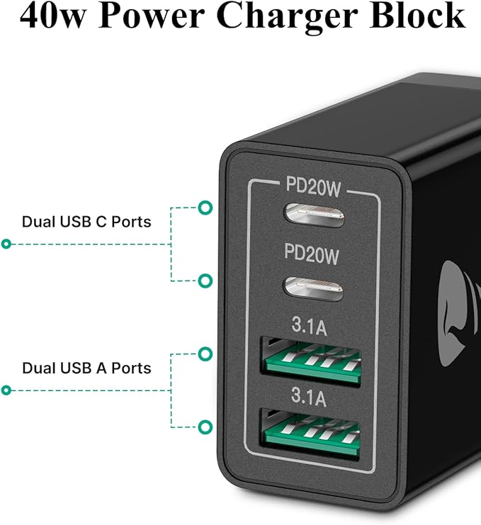 USB C Charger Block, 40W USB C Wall Charger PD+QC 3.0 Double Port Power Adapter, 4-Port Multiport Fast Charging Block Plug for iPhone 15 Plus 14 13 12 11 Pro Max XS XR X 8 7 6 SE, iPad, Samsung, Moto