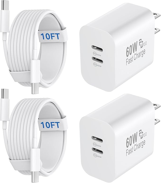 60W USB C Fast Charger for iPhone 17 16 15 Pro Max, 60W Dual Port Type C Charger Block with 10FT Long C Charger Fast Charging Cable Cord for iPhone 17/17 Pro Max/17/Air/16/15/Pro Max, iPad