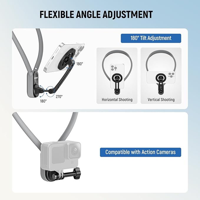 Neewer Magnetic Neck Holder for Action Camera Phone Hands Free Neck Tripod Chest Mount Compatible with GoPro DJI Insta360 iPhone15 Android Neck Phone Holder for POV Vlog, Gray, GP16
