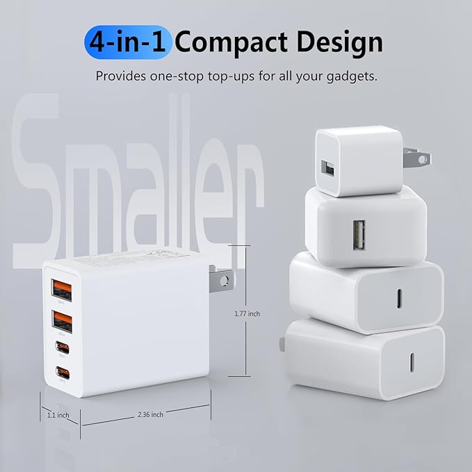 2Pack USB C Charger Block, 40W Fast USB C Wall Charger 4-Port PD Power Adapter + QC Wall Plug Multiport Type C Charging Block Cube for iPhone 17 16 15 Pro Max XR XS 8 7, iPad, Galaxy, Tablet - White