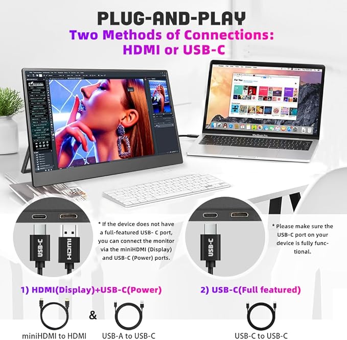 14 inch Ultra-Slim Portable Monitor 1920x1080 IPS HDR Wide Screen USB-C HDMI VESA External Display Plug&Play for Laptop PC Phone