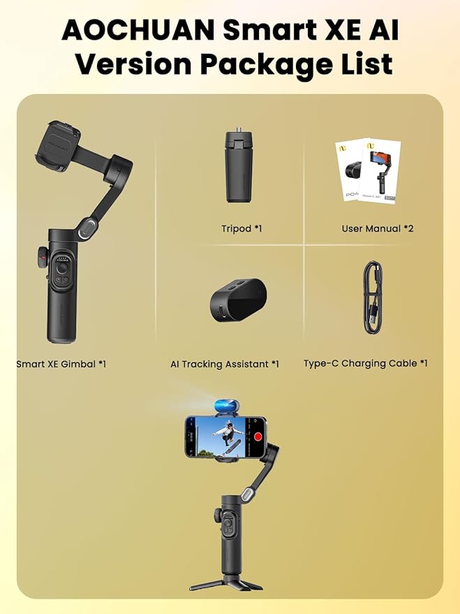AOCHUAN XE AI Version,Gimbal Stabilizer for Smartphone,NO APP AI Tracking, Gesture Control,360°Inception Gimbal with TikTok YouTube,3-Axis Foldable Handheld Tripod for iPhone& Android,Black