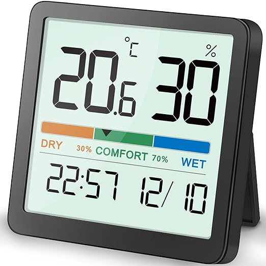 NOKLEAD Indoor Thermometer Hygrometer, Mini Desktop Digital Temperature and Humidity Monitor with Comfort Indicator and Clock, Accurate Room Humidity Gauge for Home, Garage, Greenhouse, Wine Cellar
