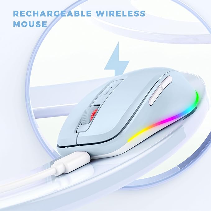 PEIOUS Wireless Mouse Jiggler - LED Wireless Mice with Build-in Mouse Mover, Rechargeable Moving Mouse for Laptop with Undetectable Random Movement Keeps Computers Awake - Light Blue