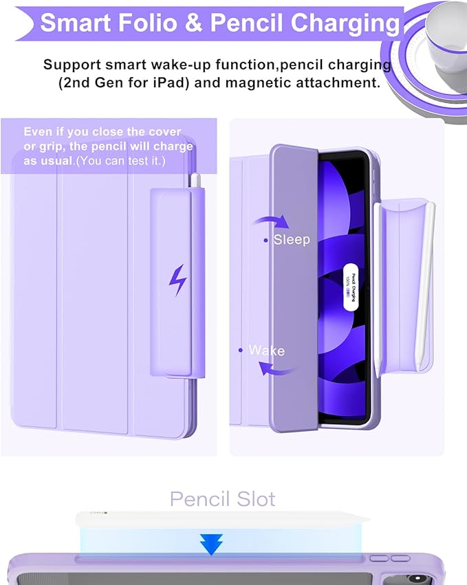 ZENLU iPad Air 10.9/11 inch Case with Removable Magnetic Folio Cover, Premium PU Leather, Multiple Angles Stand, Pencil Slot Charging Support, Full Protective Case for iPad Air 7 6 5 4 Gen (Purple)