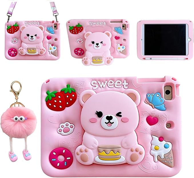 3D Cute Bear Case for iPad Air 1st 2nd/iPad Pro 2016/iPad 5th 6th 9.7 inch,Kawaii Cartoon Pretty Sweet Bear Soft Silicone Foldable Stand Case with Lanyard for Kids Teens Girls Women