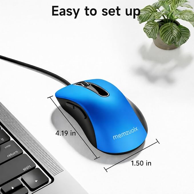 memzuoix Wired Mouse, USB Computer Mouse 1400 DPI Mobile Optical Mouse Ergonomic Design Computer Mice with 5FT Cord for Laptop, PC, Desktop, MacBook, 5 Buttons (Blue)