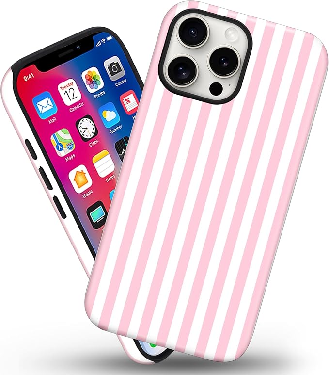 Magnetic for iPhone 15 Plus Case Cute Stripes Phone Case, Shockproof Slim TPU and Hard PC Protective Phone Cover Compatible with MagSafe Designed for Women Girls, Pink and White