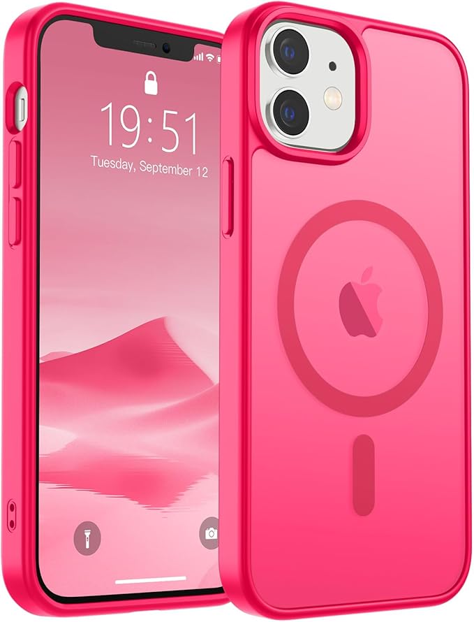 SUPFINE Magnetic for iPhone 12 Mini Case & iPhone 13 Mini Case (Compatible with MagSafe) (Military Grade Drop Protection) Slim Translucent Matte Shockproof Phone Cover,Hot Pink