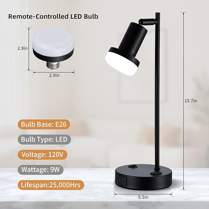 Industrial Table Lamp with Remote Control for Stepless Dimmer & Temperatures, Bedside Lamp with USB C+A Ports and AC Outlet, Flexible Head-Desk Lamp for Bedroom, Living Room, Office (Black)