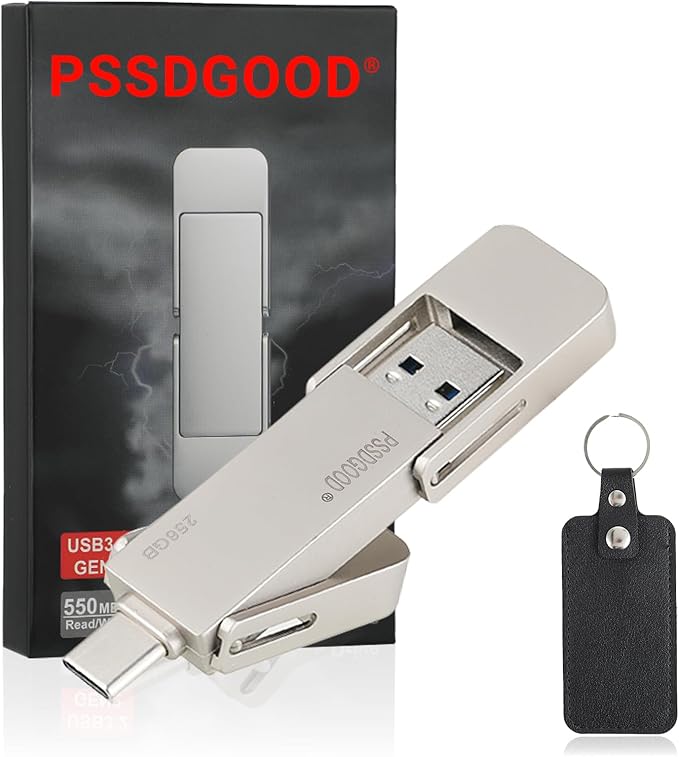 256GB USB Drive,Portable SSD Fast 550MB/s 2 in 1 Flash Drive,Type C+A USB3.2 Gen2 External Solid State Drive,SSD External Hard Drive for iPhone 15/16/17/Android Phone/PS5/Tablet/Windows