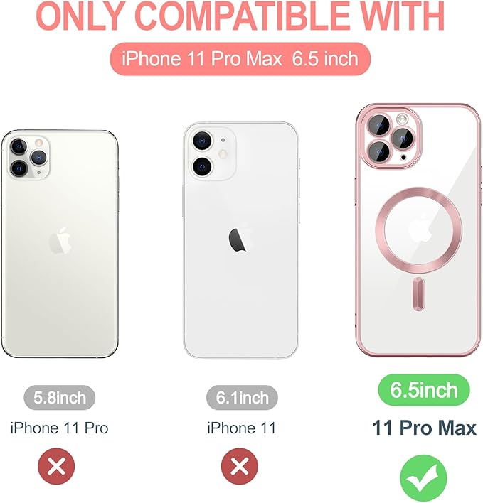 Hython Magnetic Clear for iPhone 11 Pro Max Case with Camera Lens Protector [Compatible with MagSafe] Plating Edge Slim Soft TPU Cover Protective Phone Case for iPhone 11 Pro Max 6.5", Matte Pink