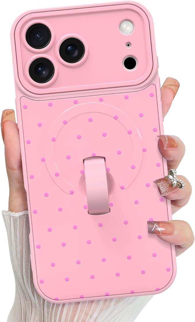 KANGHAR Compatible with iPhone 17 Pro Case, Support for MagSafe, Silicone Spot Cute Pattern, Wristband Kickstand Camera Protection Shockproof Soft Slim Cover for Girls Women, Pink