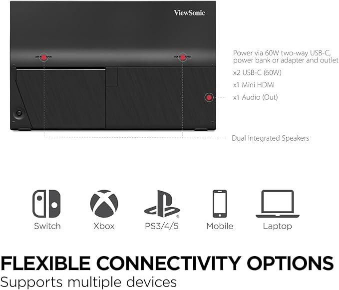 ViewSonic VX1654 16 Inch 1080p Portable Gaming Monitor, IPS Display with 144Hz for Smooth Mobile Workspaces and Fast-Action Gaming, Built-in Stand, 60W USB-C, and Mini HDMI Inputs