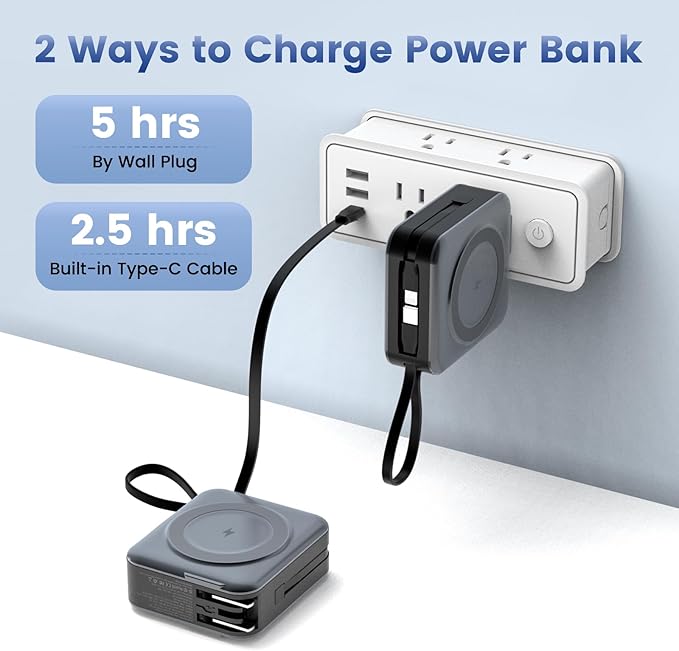 for Magsafe Portable Charger with AC Wall Plug, 6-in-1 Magnetic Wireless Power Bank 10000mAh Built-in Cables, 22.5W Type-C in&Out Fast Charging Battery Pack for iPhone 17/16/15/14/13/12 Series, Gray