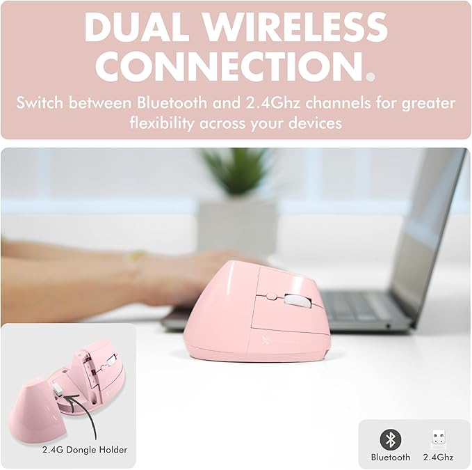 X9 Performance Wireless Vertical Ergonomic Mouse - (BT + 2.4Ghz) - Click in Comfort - Up to 4000 DPI, 6 Button, Rechargeable - Bluetooth Ergonomic Vertical Mouse Wireless - for Mac and PC - Pink