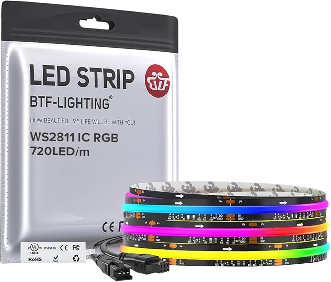 BTF-LIGHTING WS2811 Smart IC RGB FCOB COB LED Strip, UL Listed 720LEDs/m High Density Color Chasing Uniform Light, DC24V 9.8FT 12mm Width Black PCB for Home Party DIY Decor(No Adapter or Controller)