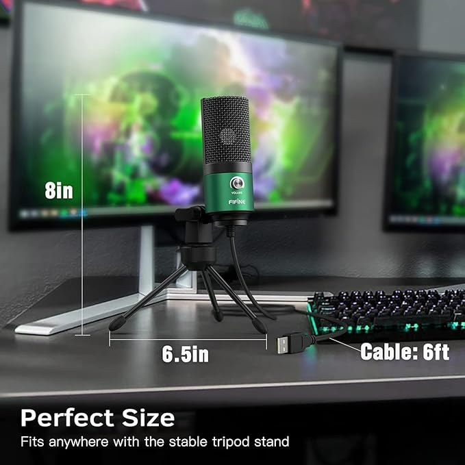 FIFINE USB Gaming Microphone for PC Desktop, PS4 and Mac, Gain Control, External Condenser Computer Mic for Streaming, Podcasting, Twitch, Discord, Green - K669G