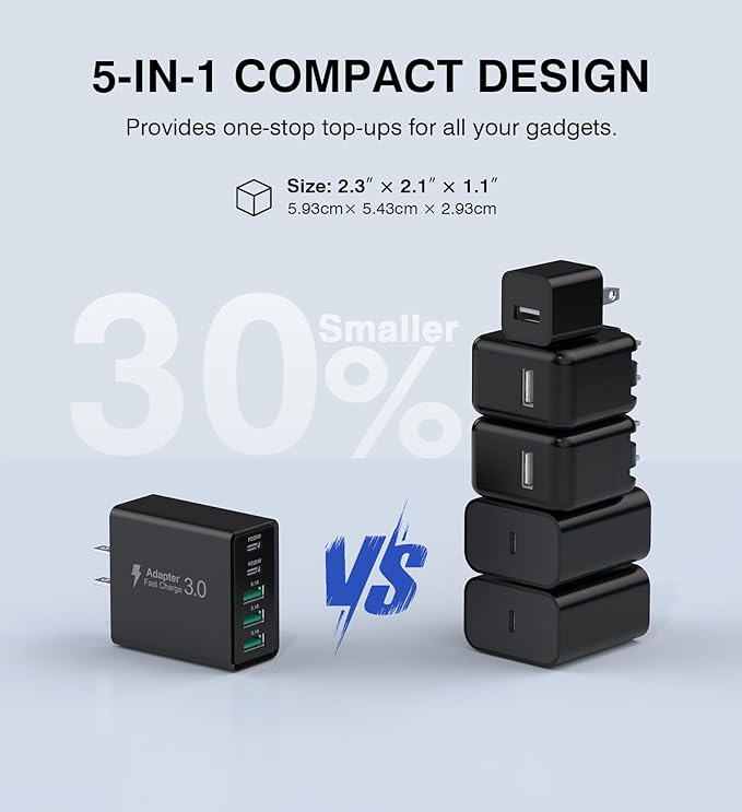 [2-Pack] USB C Wall Charger, 50W USB C Charger Block 5-Port PD Fast Charging Blocks,2USB C+3USB A Multiport Plug,Type C Power Adapter Brick Cube for iPhone 17/16/15/14/13/Pro,Samsung,for Switch（Black）