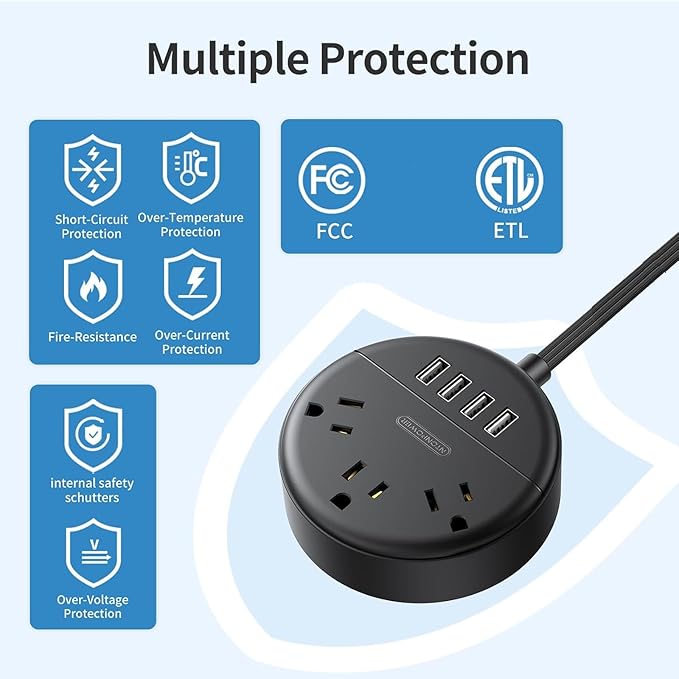 Flat Plug Power Strip, NTONPOWER 5 ft Ultra Thin Flat Extension Cord, 3 Outlet and 4 USB Ports, Wall Mountable, Compact Power Strip for Travel, Office, School, Home, Dorm Room Essentials