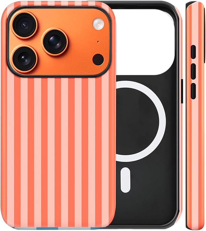Magnetic for iPhone 17 Pro Case Cute Stripes Phone Case, Shockproof Slim TPU and Hard PC Protective Phone Cover Compatible with MagSafe Designed for Women Girls, Deep Orange