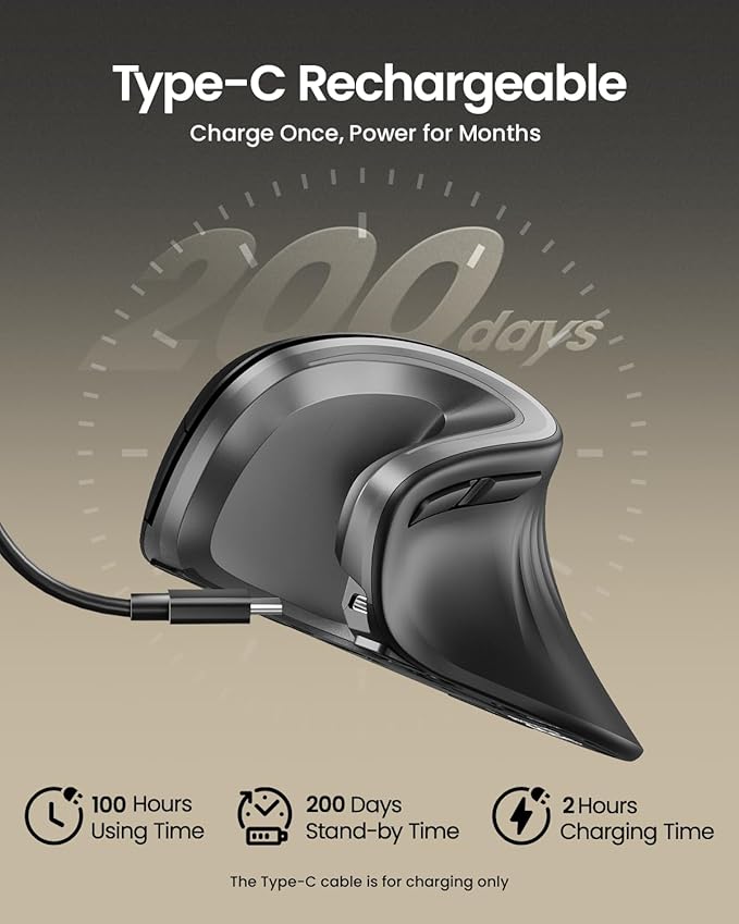 ProtoArc Ergonomic Mouse, EM11 NL Bluetooth Rechargeable Wireless Vertical Mouse, 3 Multi-Device Connectivity for Computer/PC/Laptop, 2.4GHz USB-A Optical Mice for Windows, Mac OS, Gray