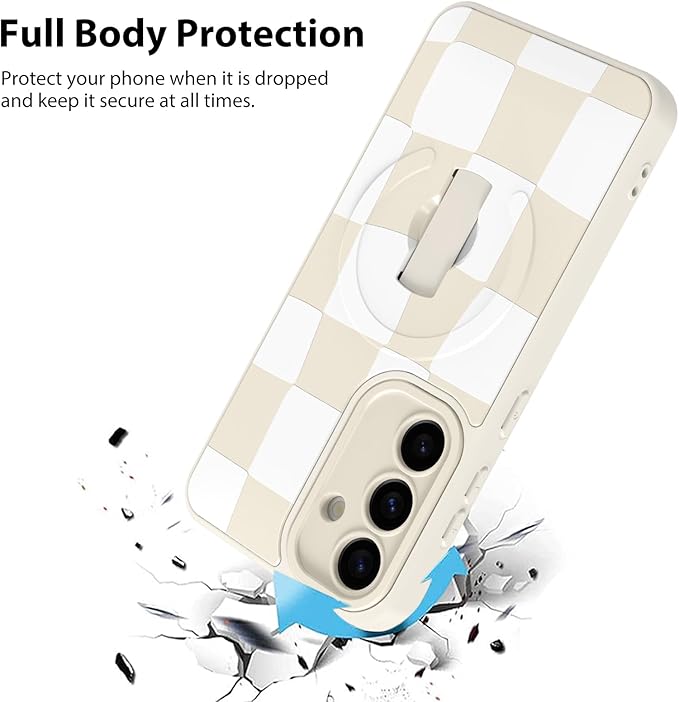 KANGHAR Compatible with Samsung Galaxy S25 Case, Support for MagSafe, Silicone Checkered Cute Pattern, Wristband Kickstand Camera Protection Soft Slim Cover for Girls Women -White