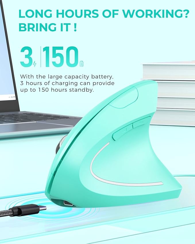Lekvey Ergonomic Mouse, Vertical Wireless Mouse Rechargeable 2.4 GHz Optical Carpal Tunnel Mouse : 800/1200 / 1600 DPI, 6 Buttons, for Laptop, PC, Mac, Computer, Desktop, Notebook etc, Green