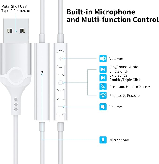 USB Headphones with Microphone for Laptop, 7.5ft Magnetic Wired Earbuds Noise Isolation in-Ear Earphones with Mute Volume Control Stereo Bass for PC Desktop Dell HP Acer Laptop Meetings/Music,School