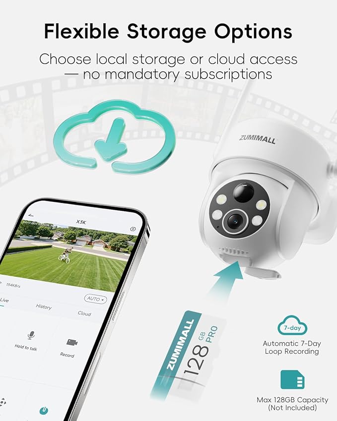 ZUMIMALL 2K Solar Security Cameras Wireless Outdoor, 360° PTZ Camera for Home Security with Color Night Vision, Flexible Mount, PIR Motion, 2-Way Talk, Free Cloud Storage, Compatible with Cloudedge