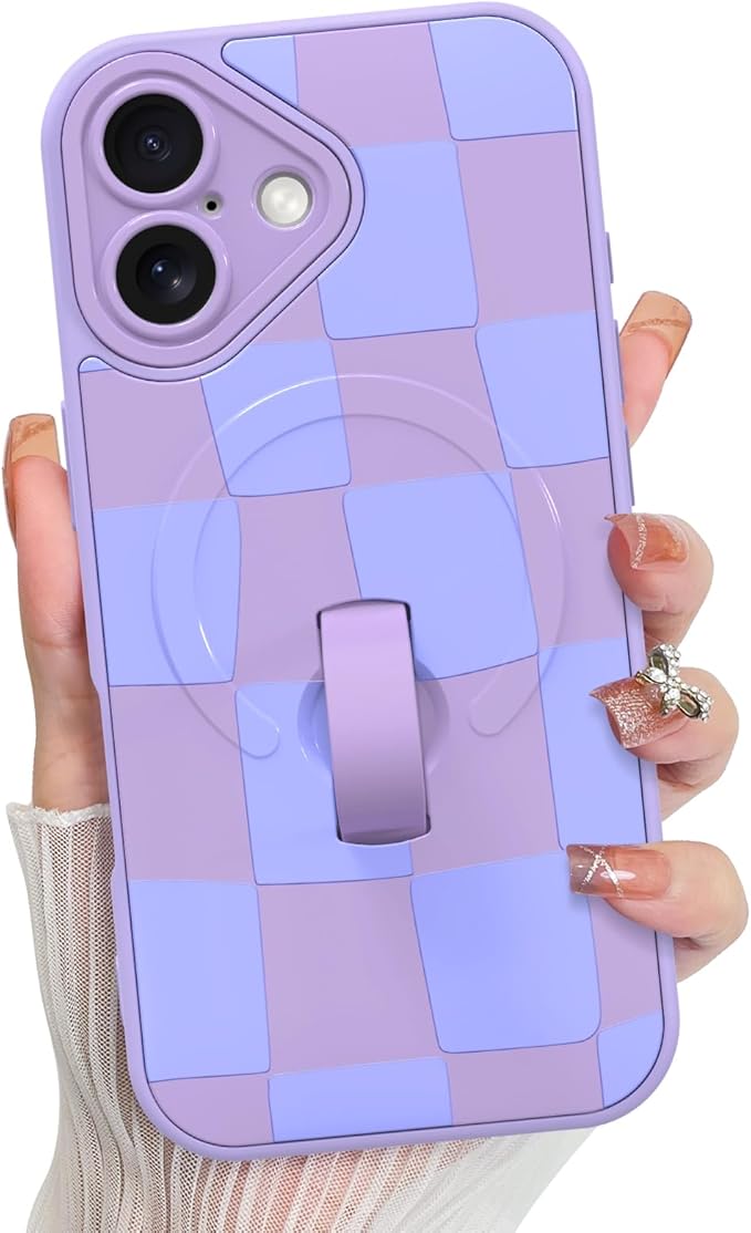 KANGHAR Compatible with iPhone 16 Case, Support for MagSafe, Silicone Checkered Cute Pattern, Wristband Kickstand Camera Protection Soft Slim Cover for Girls Women -Purple