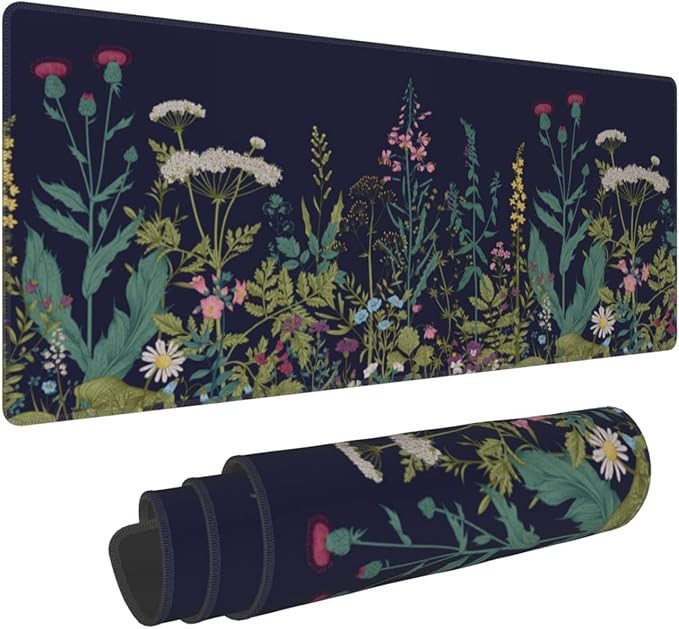 Flower Extended Gaming Mouse Pad Abstract Black Desk Mat 31.5x11.8 Inch Floral Texture Non-Slip Rubber Base Weeds Mousepad Stitched Edges Keyboard Mouse Mat Desk Pad for Office Home Game