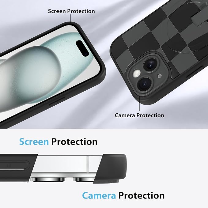 KANGHAR Compatible with iPhone 15 Case, Support for MagSafe, Silicone Checkered Cute Pattern, Wristband Kickstand Camera Protection Soft Slim Cover for Girls Women -Black