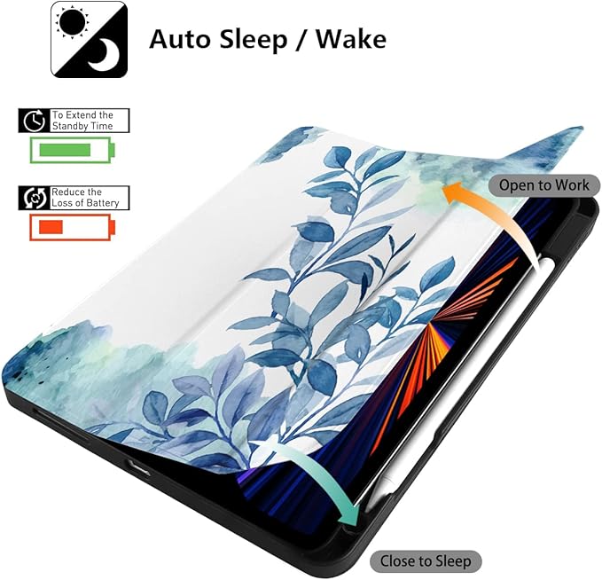 DONGKE Case for 2022/2021/2020/2018 iPad Pro 11 inch Gen 4/3/2/1 - Slim Protective Case - Built in Pencil Holder Support Charging - Trifold Stand & Sleep/Wake Cover - Watercolor Blue Floral