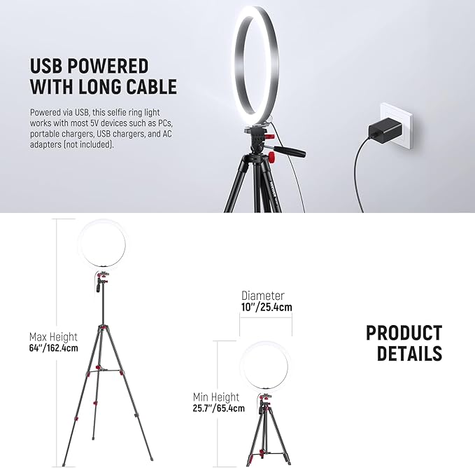 NEEWER Basics 10" Selfie Ring Light with Tripod Stand/2 Phone Holders Compatible with iPhone/QR Plate, Dimmable LED Ringlight Lighting for YouTube TikTok Vlog Video Recording Makeup Streaming, RP10-H