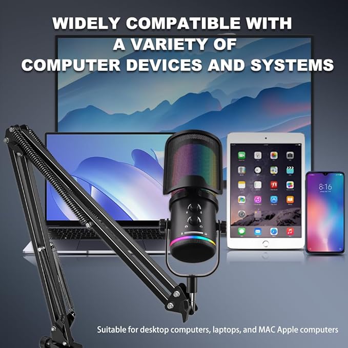 M16 USB Microphone with Boom Arm - PC Mic for Streaming, Podcasting, Vocal Recording Singing YouTube RGB Condenser Kit with Noise Cancellation, Monitor Mix Knob, Mute & Pop Filter Black