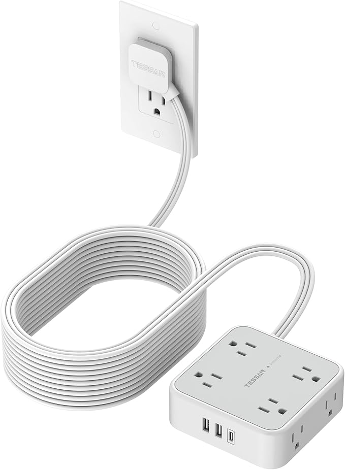 TESSAN Surge Protector Power Strip, 25 Ft Flat Plug Extension Cord with 3 USB (1 USB C) 8 Outlets, 1250W, 900J Protection, 3 Sided Outlet Extender with Power Switch for Office, Dorm Room, Grey