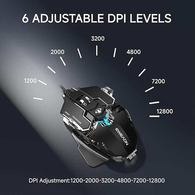 SEUNKWANG EWEADN G5 Wired Gaming Mouse, Ergonomic RGB Computer Mouse, 12800 Adjustable DPI, 9 Programmable Macro Buttons with Rapid Fire Key Compatible for PC/Laptop/Windows-Black&White
