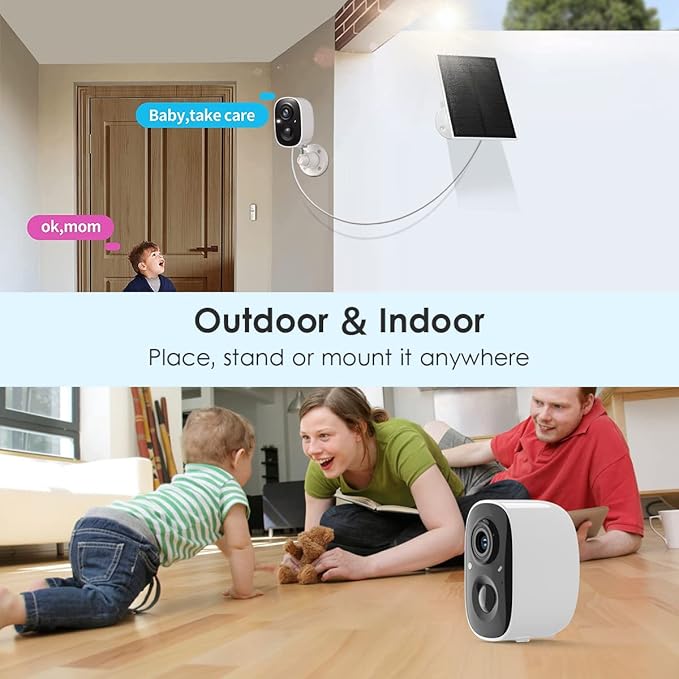 GMK Solar Security Cameras Wireless Outdoor, with Solar Panel 2K Color Night Vision Motion Detection 2-Way Talk Battery Powered WiFi Home Indoor Camera IP65 Weatherproof Cloud/SD Storage 2-Pack