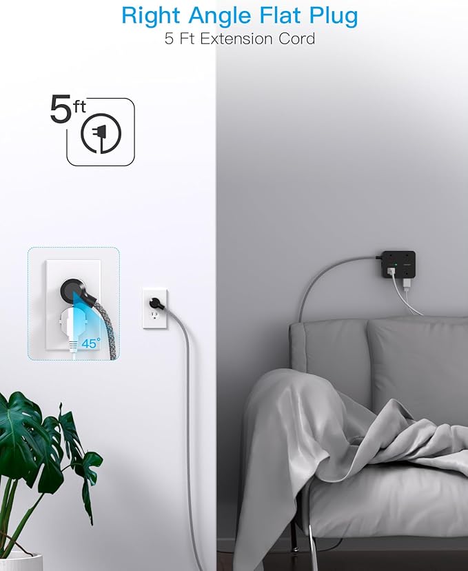 Power Strip Surge Protector, HANYCONY 8 Outlets with 4 USB Charging Ports(2 USB C), 3 Side Outlet Extender with 5 Ft Extension Cord, Flat Plug, Wall Mount, Desk Charging Station for Home Office ETL