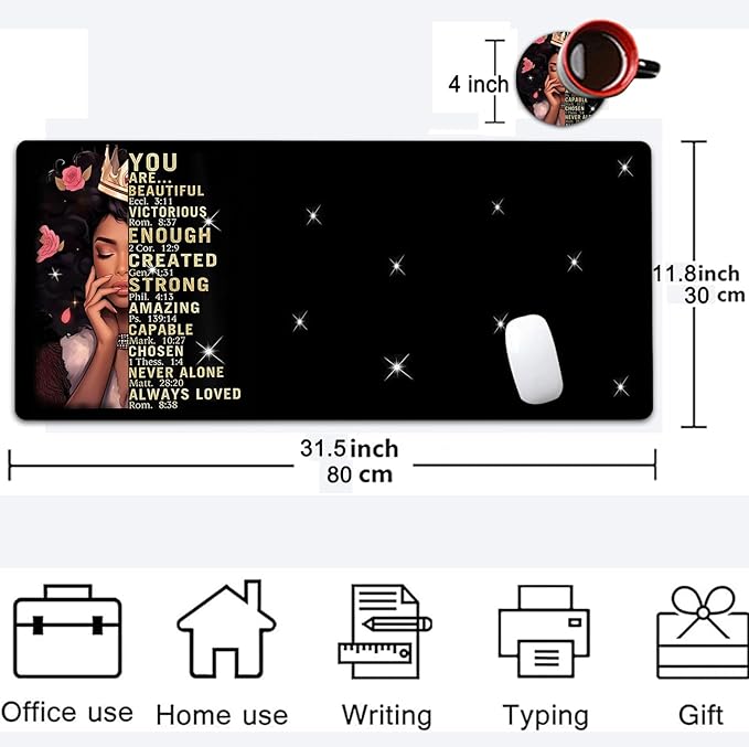 Large Mouse Pad, 31.5 x 11.8in Extended Gaming Mouse Pad with Stitched Edges,XXL Mousepad Protector Non Slip Rubber Base for Office Home Writing Mat,African American Women Black Girl,Black Desk Mat