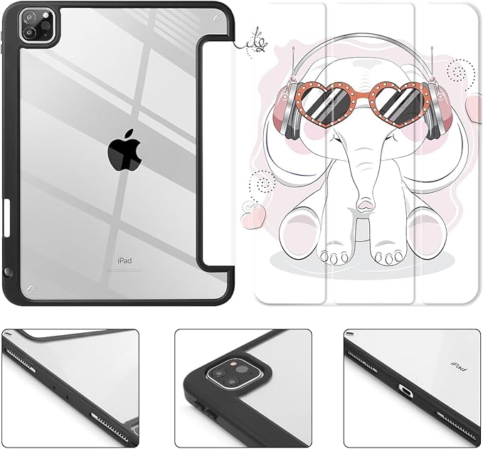 Tuiklol for iPad Pro 11 Inch Case M2 2022 Gen 4th -Built-in Pencil Holder Shockproof Cover Clear Transparent Back Shell Fit for iPad 11’’ 2021 2020 2018 Gen 3rd/2nd/1st for Kid, Lovely Elephant