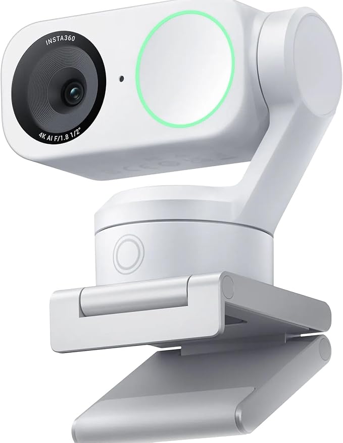 Insta360 Link 2 - PTZ 4K Webcam (White) for PC/Mac, 1/2" Sensor, AI Tracking, HDR, AI Noise-Canceling Mic, Gesture Control for Streaming, Video Calls, Gaming Bundle with Flexible Tripod & Lens Cloth