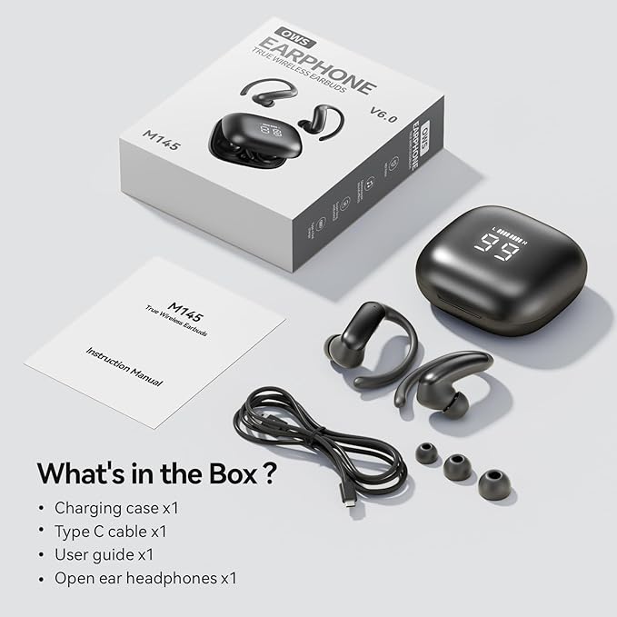 Wireless Ear Buds with Ear Hooks Bluetooth 6.0 Headphones,48H Playtime,Over Ear Buds with LED Power Display,IPX6 Waterproof for Sport Workout Running (Black)