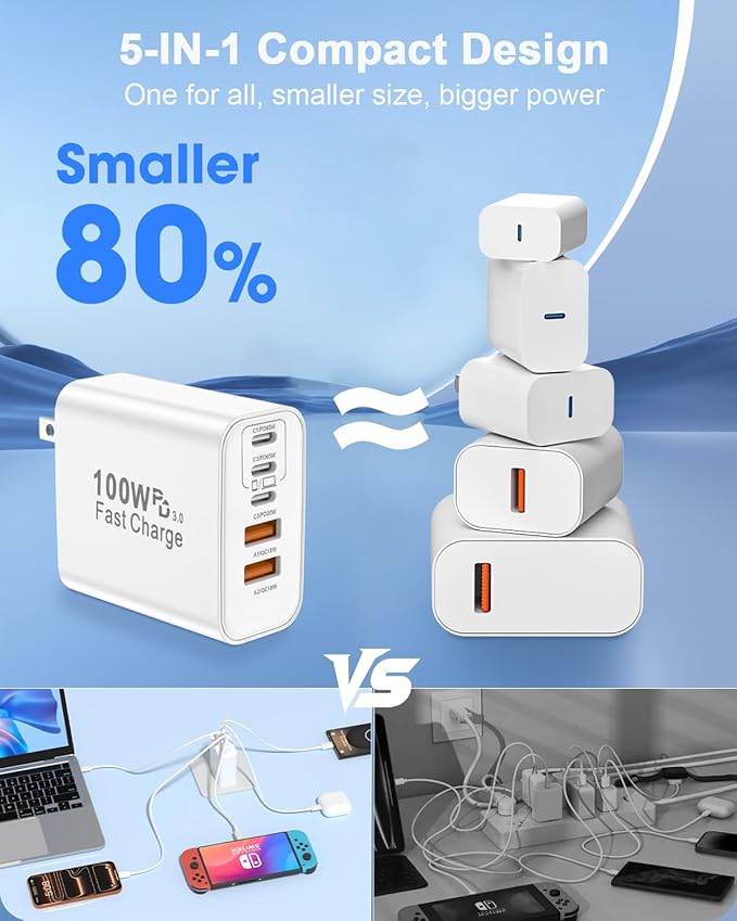 FEEL2NICE 2-Pack 100W USB C Charger Block,5-Port Fast Wall Charger [3 PD USB-C & 2 QC 3.0 USB-A], Compact Adapter for MacBook Pro, iPad, iPhone 17/16/15 Pro Max, Galaxy S26/S25 Ultra, Laptop