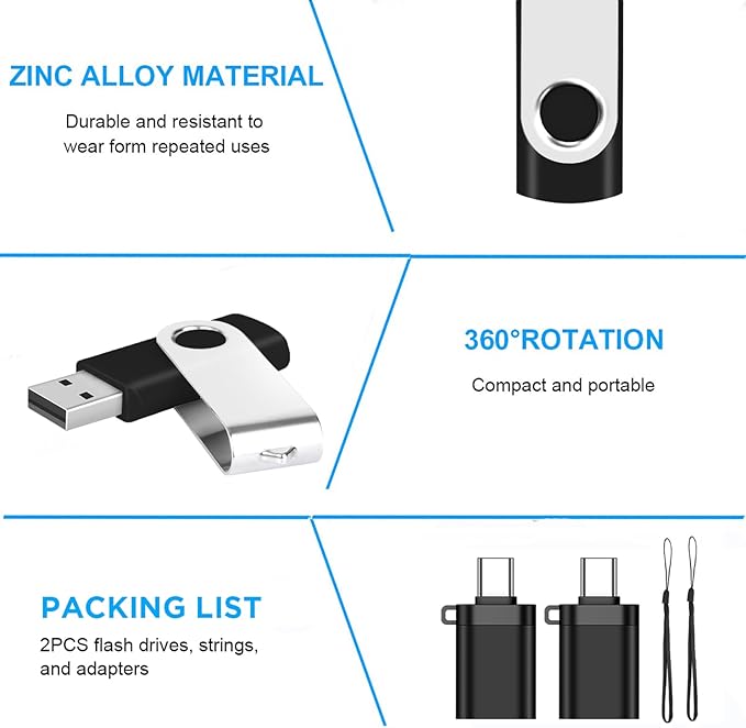 EASTBULL 5 Pack of 2GB USB 2.0 Flash Drives with Type-C Adapters and Keychains, High Speed Thumb Drives 360 Rotatable Swivel 2GB (5Pcs Black)
